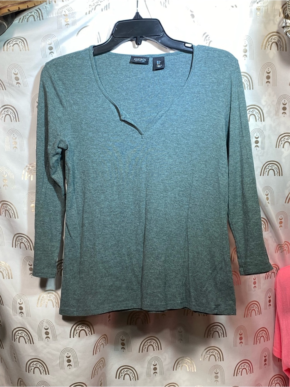 Jones New York Teal Long Sleeve Notch V Top